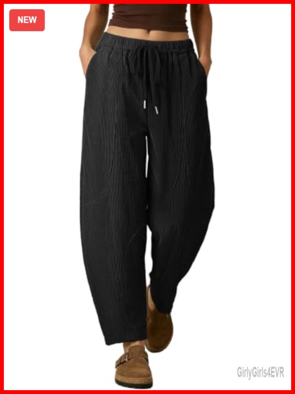 Corduroy Harem Barrel Pants High Rise Loose Fit Drawstring Casual